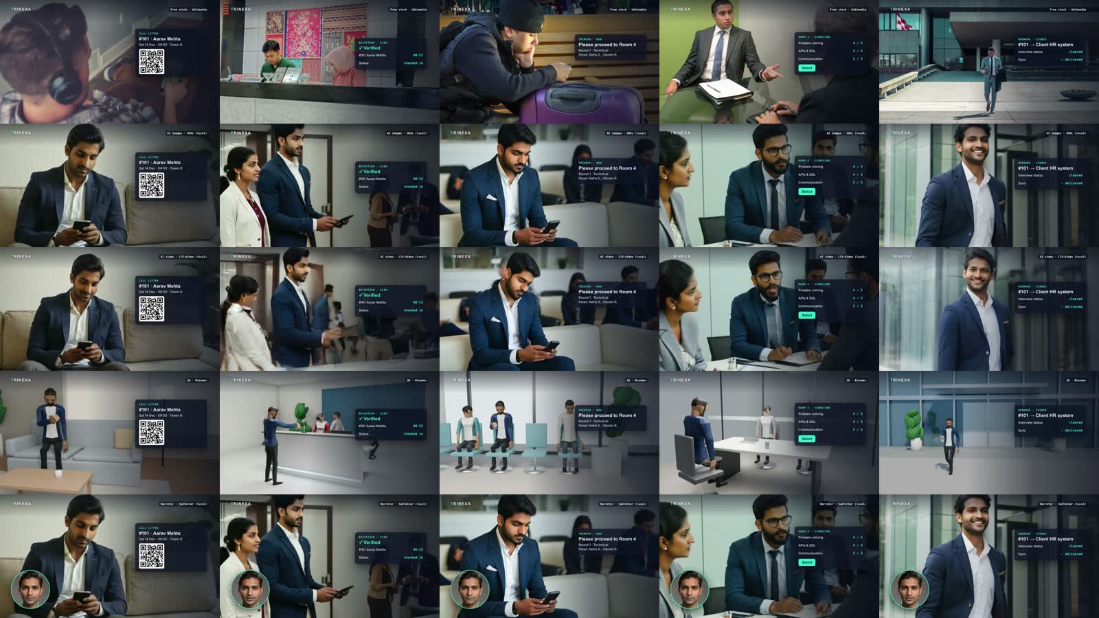 Same story, five ways. Rows: free stock, AI images, AI video, Blender 3D, talking narrator
